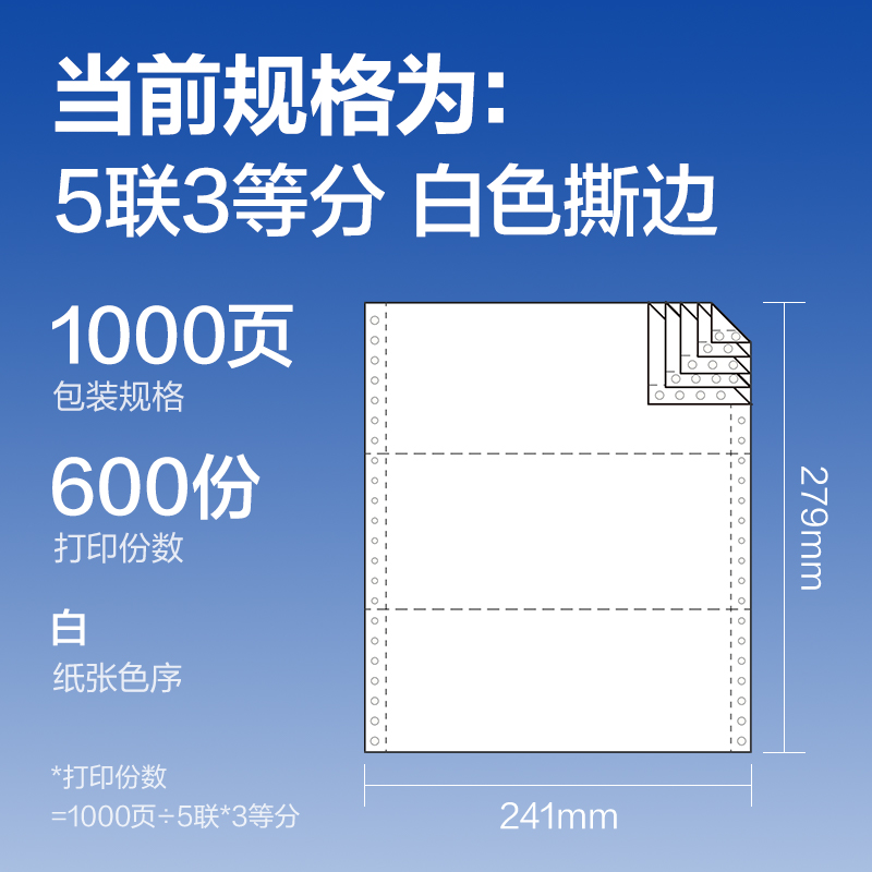 尊龙凯时莱茵河L241-5电脑打印纸(1/3S白色撕边)(1000页/盒)