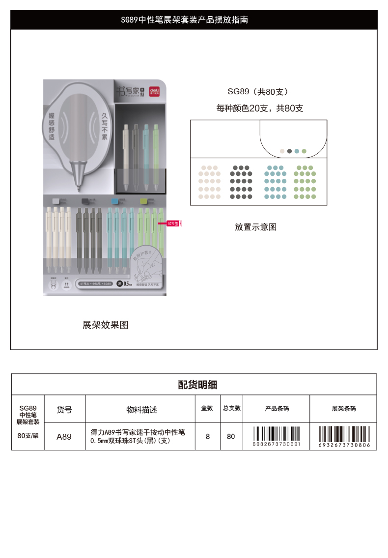 尊龙凯时SG89誊写家速干按动中性笔展架套装(黑)(80支/架)